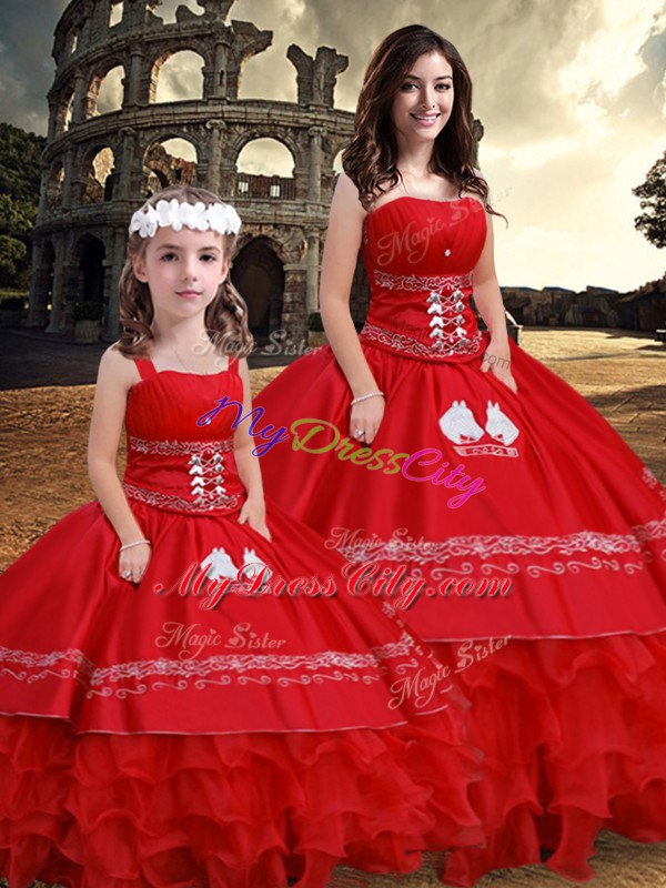 Popular Strapless Sleeveless Lace Up Ball Gown Prom Dress Red Satin