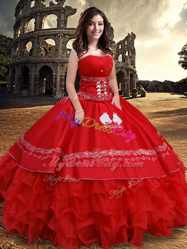 Popular Strapless Sleeveless Lace Up Ball Gown Prom Dress Red Satin