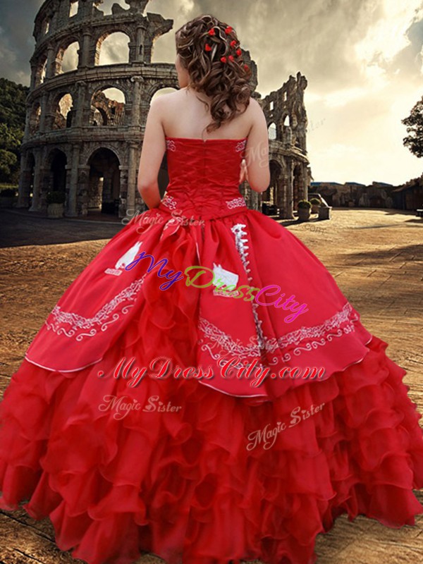 Popular Strapless Sleeveless Lace Up Ball Gown Prom Dress Red Satin