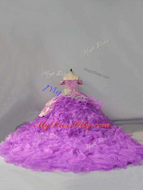 Lavender Ball Gowns Off The Shoulder Sleeveless Organza Chapel Train Lace Up Beading and Embroidery and Ruffles 15 Quinceanera Dress