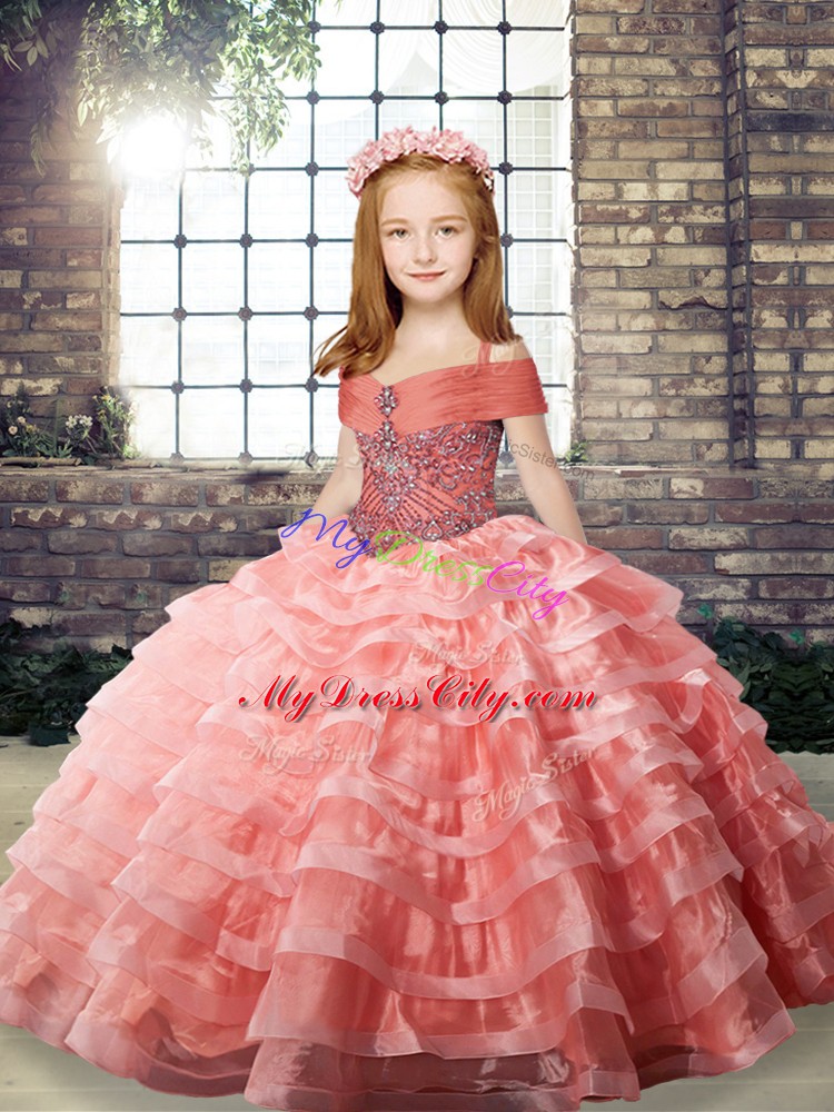 Watermelon Red Lace Up Girls Pageant Dresses Beading and Ruffled Layers Sleeveless Brush Train