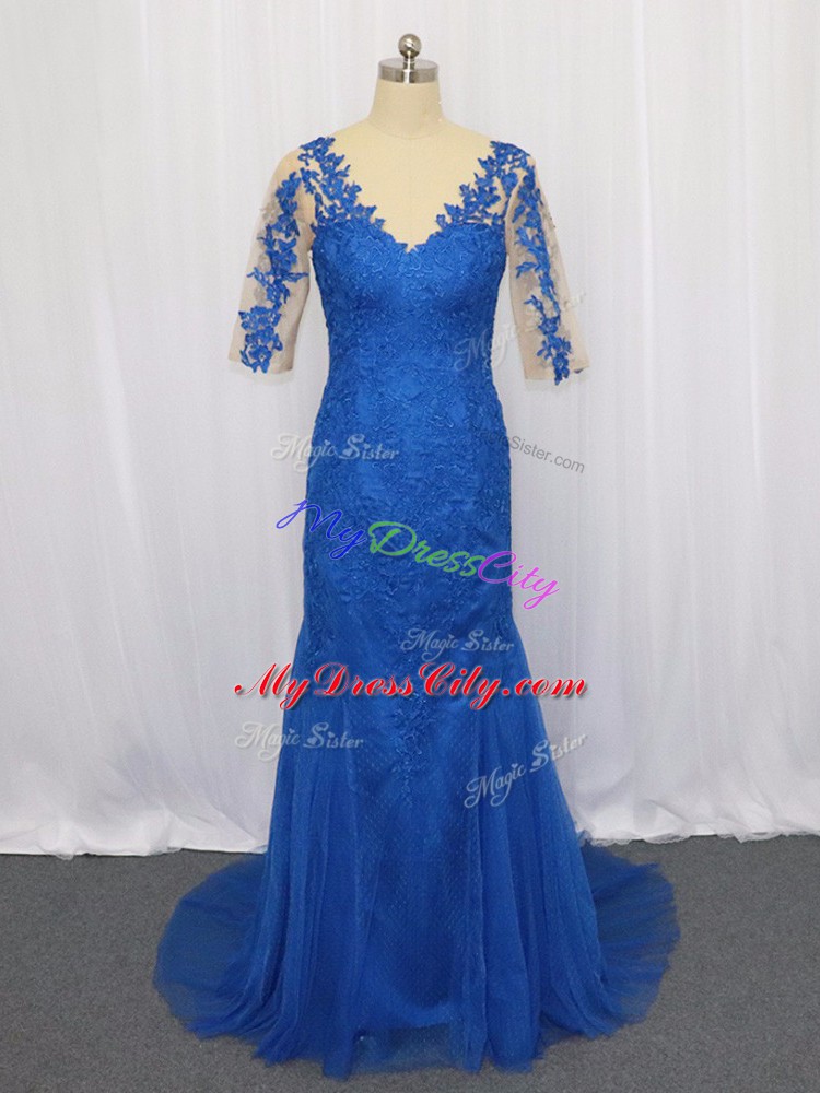 Blue Tulle Zipper Dress for Prom 3 4 Length Sleeve Brush Train Lace and Appliques