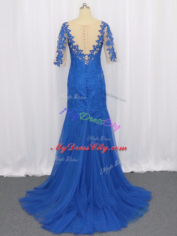 Blue Tulle Zipper Dress for Prom 3 4 Length Sleeve Brush Train Lace and Appliques