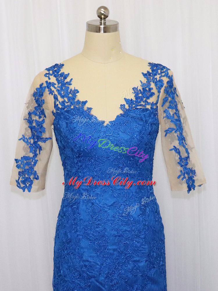 Blue Tulle Zipper Dress for Prom 3 4 Length Sleeve Brush Train Lace and Appliques