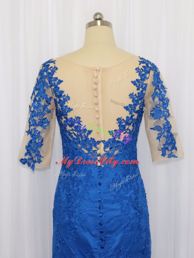 Blue Tulle Zipper Dress for Prom 3 4 Length Sleeve Brush Train Lace and Appliques