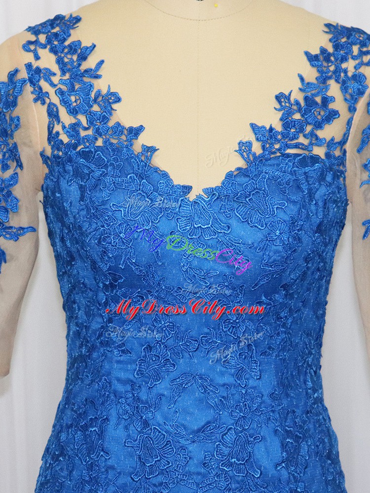 Blue Tulle Zipper Dress for Prom 3 4 Length Sleeve Brush Train Lace and Appliques