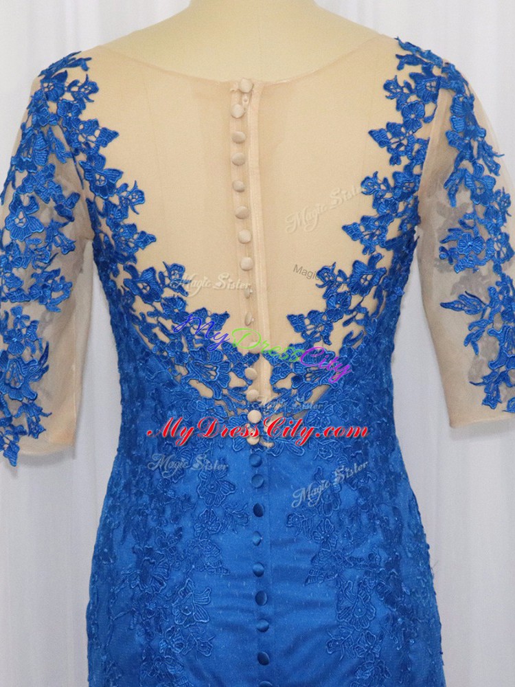 Blue Tulle Zipper Dress for Prom 3 4 Length Sleeve Brush Train Lace and Appliques