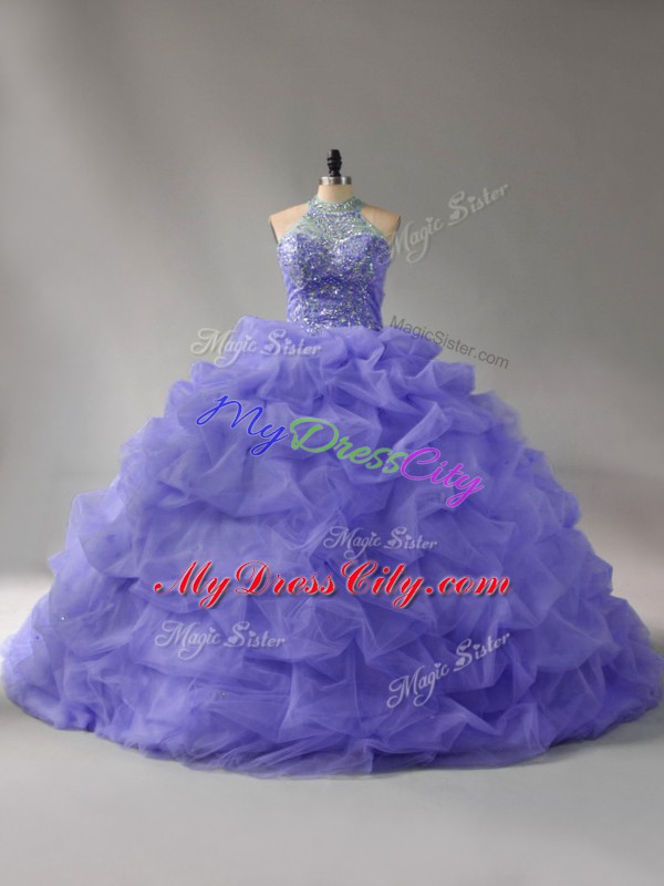 Halter Top Sleeveless Quinceanera Dresses Court Train Beading and Pick Ups Lavender Organza