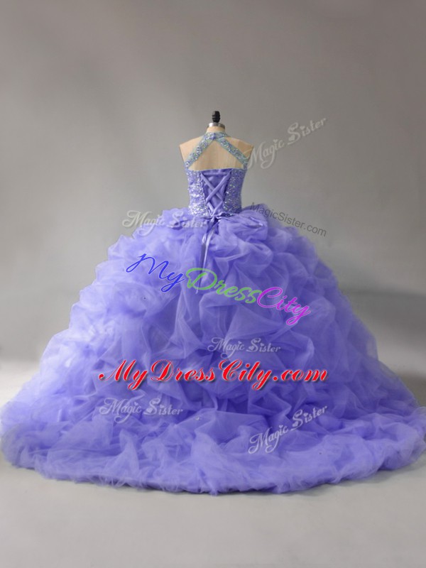 Halter Top Sleeveless Quinceanera Dresses Court Train Beading and Pick Ups Lavender Organza