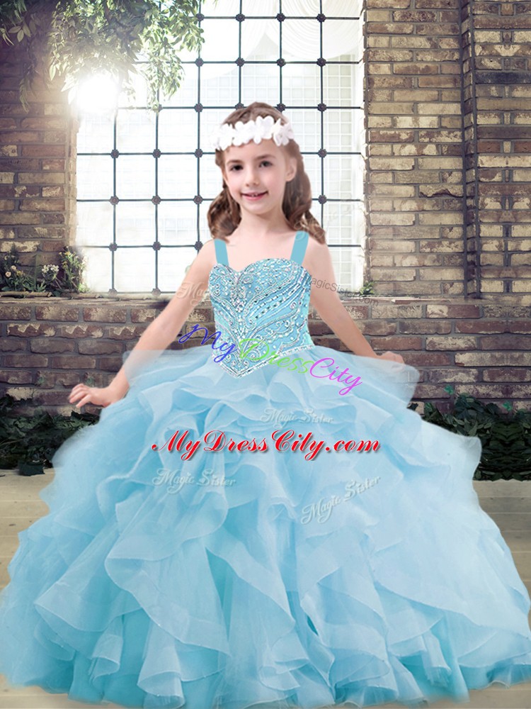 Enchanting Light Blue Tulle Lace Up Straps Sleeveless Floor Length Pageant Dress for Teens Beading and Ruffles