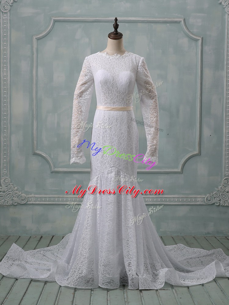 Fantastic Scoop Long Sleeves Court Train Backless Wedding Dress White Lace