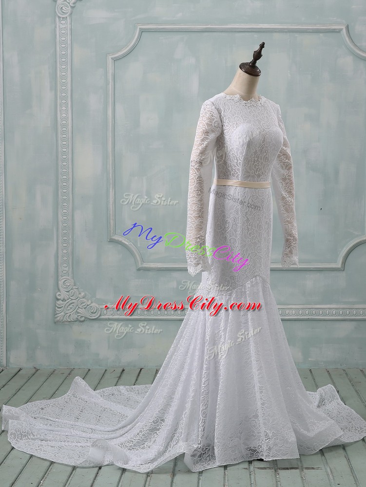 Fantastic Scoop Long Sleeves Court Train Backless Wedding Dress White Lace