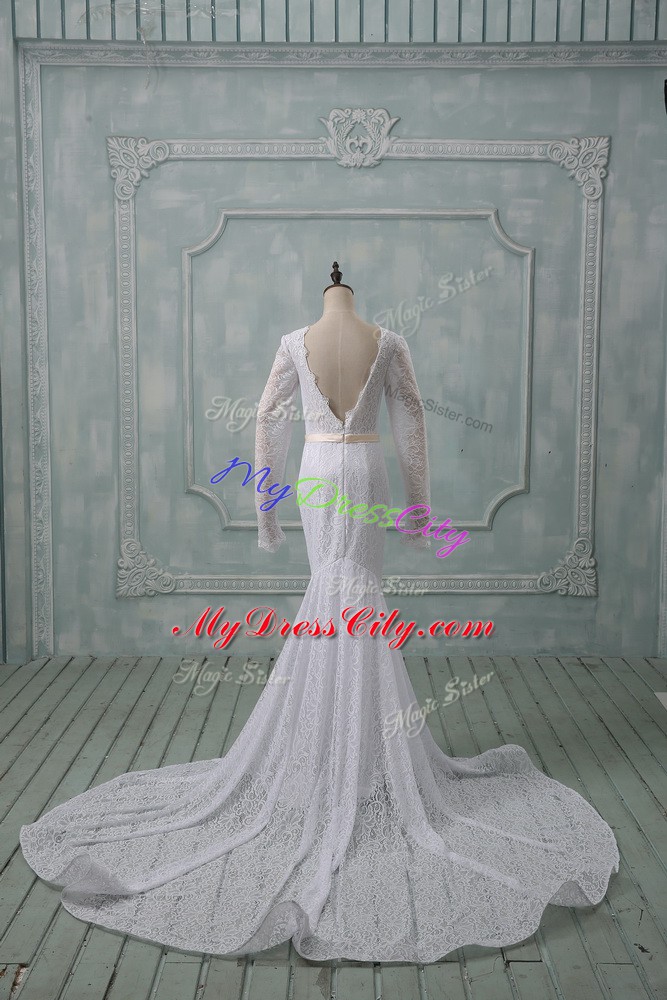 Fantastic Scoop Long Sleeves Court Train Backless Wedding Dress White Lace