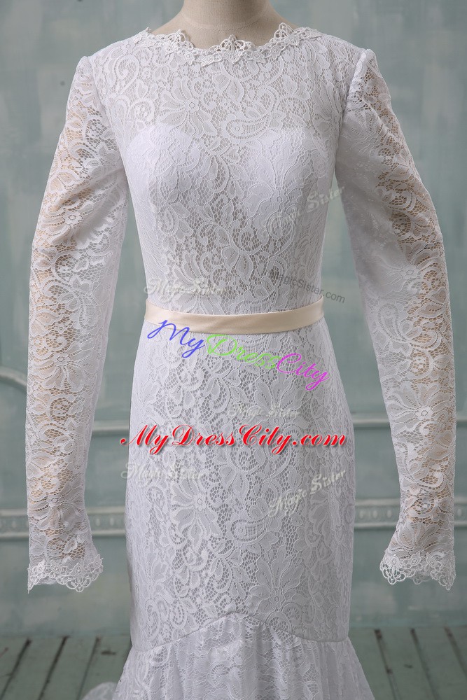 Fantastic Scoop Long Sleeves Court Train Backless Wedding Dress White Lace