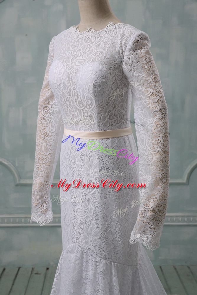 Fantastic Scoop Long Sleeves Court Train Backless Wedding Dress White Lace