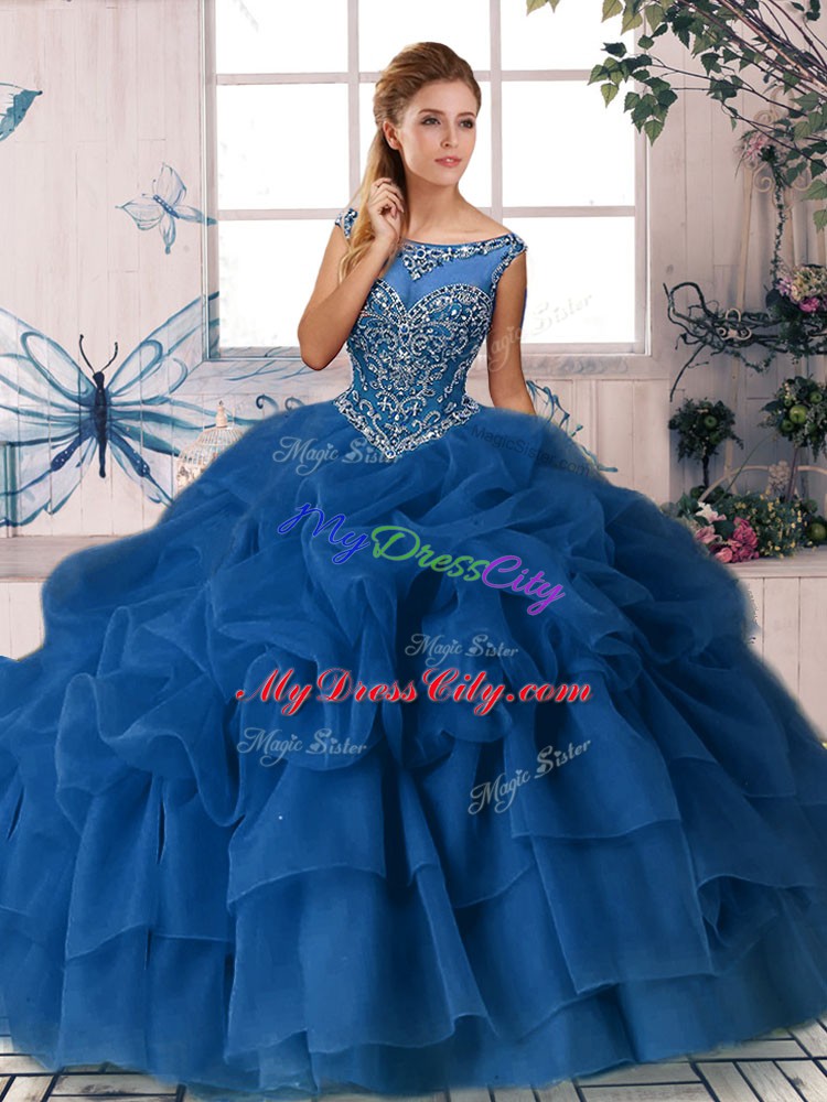 Classical Sleeveless Organza Brush Train Zipper 15th Birthday Dress in Royal Blue with Beading and Pick Ups