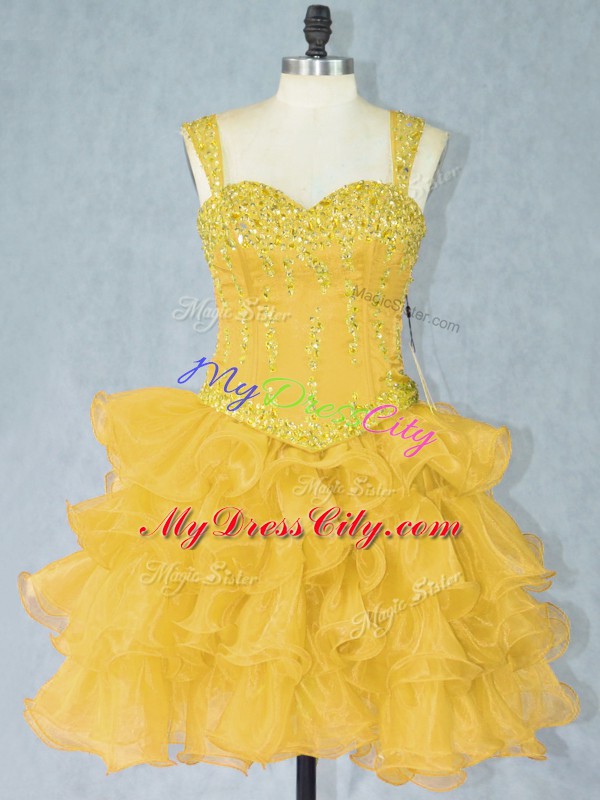 Pretty Straps Sleeveless Pageant Dress for Womens Mini Length Beading and Ruffled Layers Gold Organza