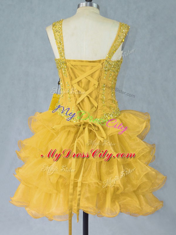 Pretty Straps Sleeveless Pageant Dress for Womens Mini Length Beading and Ruffled Layers Gold Organza