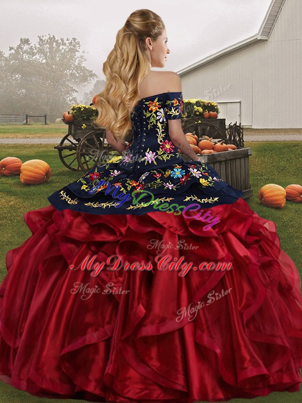 Customized Off The Shoulder Sleeveless Organza Quince Ball Gowns Embroidery and Ruffles Lace Up