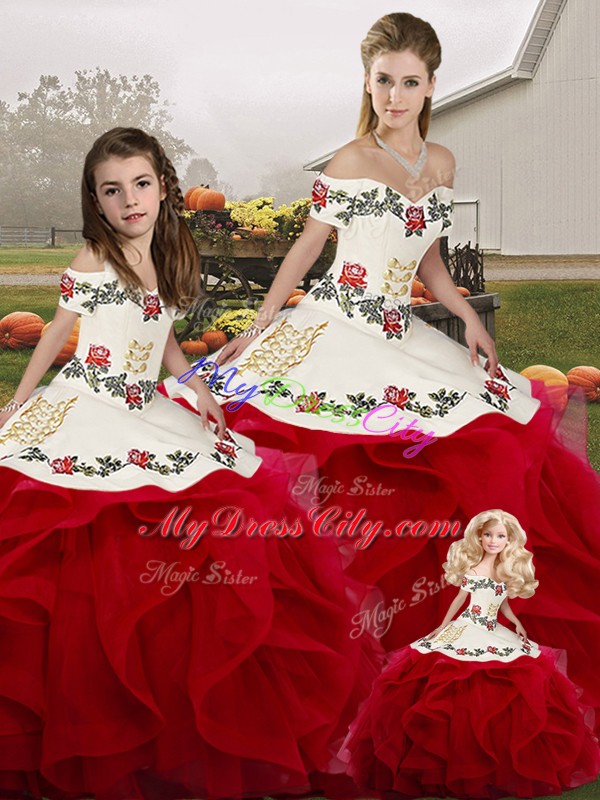 High End Off The Shoulder Sleeveless 15th Birthday Dress Floor Length Embroidery and Ruffles White And Red Tulle