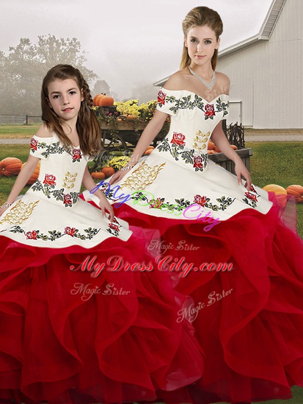 High End Off The Shoulder Sleeveless 15th Birthday Dress Floor Length Embroidery and Ruffles White And Red Tulle