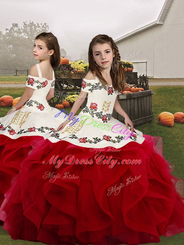 High End Off The Shoulder Sleeveless 15th Birthday Dress Floor Length Embroidery and Ruffles White And Red Tulle