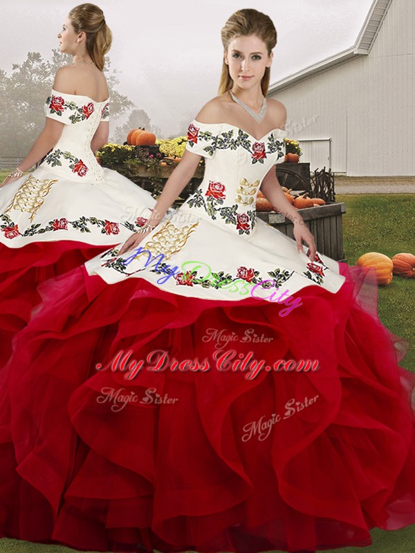 High End Off The Shoulder Sleeveless 15th Birthday Dress Floor Length Embroidery and Ruffles White And Red Tulle