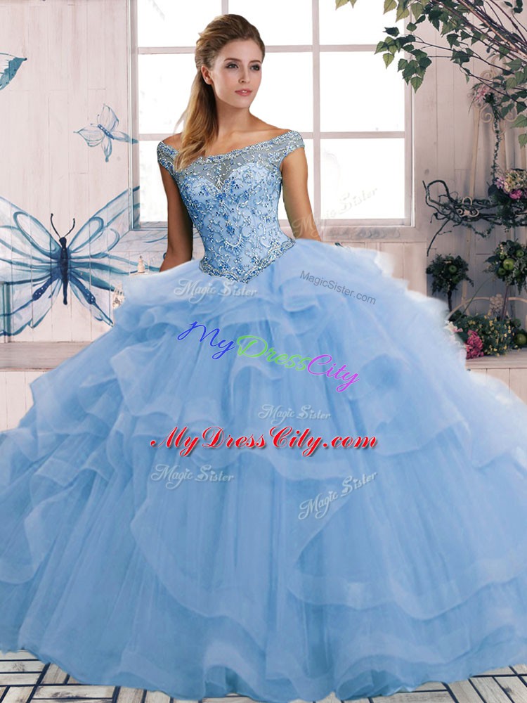 Off The Shoulder Sleeveless Tulle Ball Gown Prom Dress Beading and Ruffles Lace Up