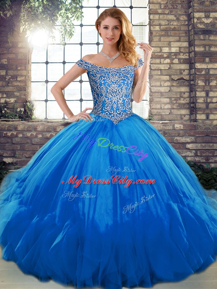 Off The Shoulder Sleeveless Lace Up Vestidos de Quinceanera Blue Tulle