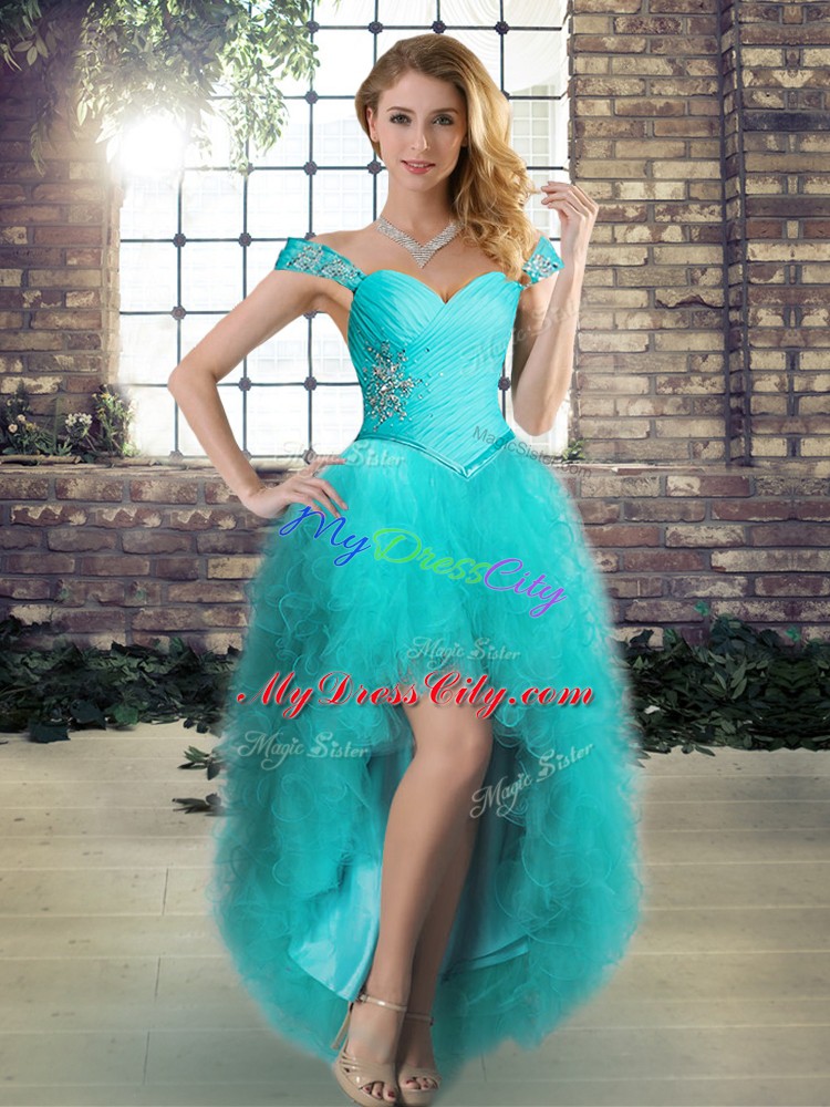 Elegant Aqua Blue Tulle Lace Up Prom Gown Sleeveless High Low Beading and Ruffles