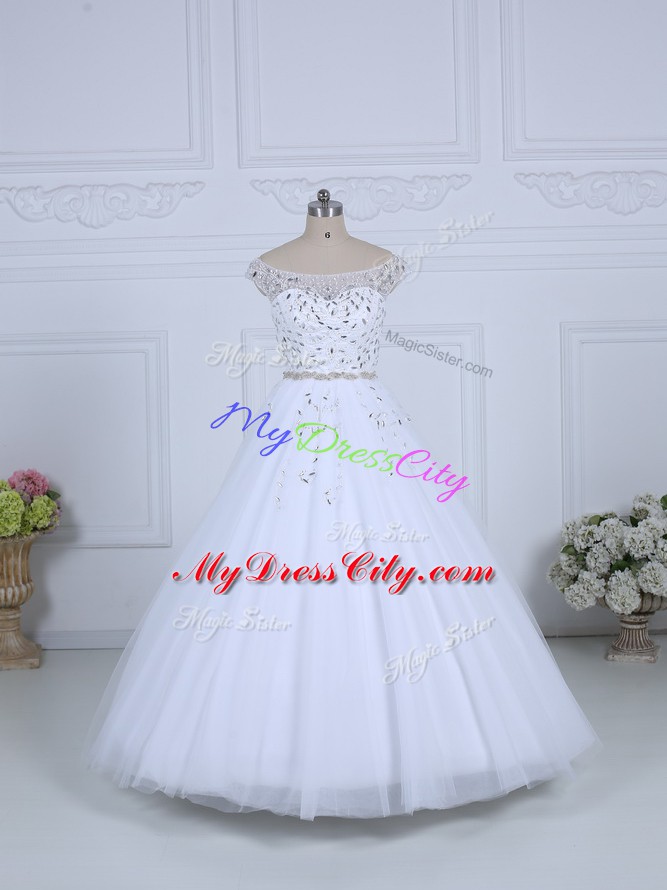 White Ball Gowns Beading Bridal Gown Lace Up Tulle Sleeveless