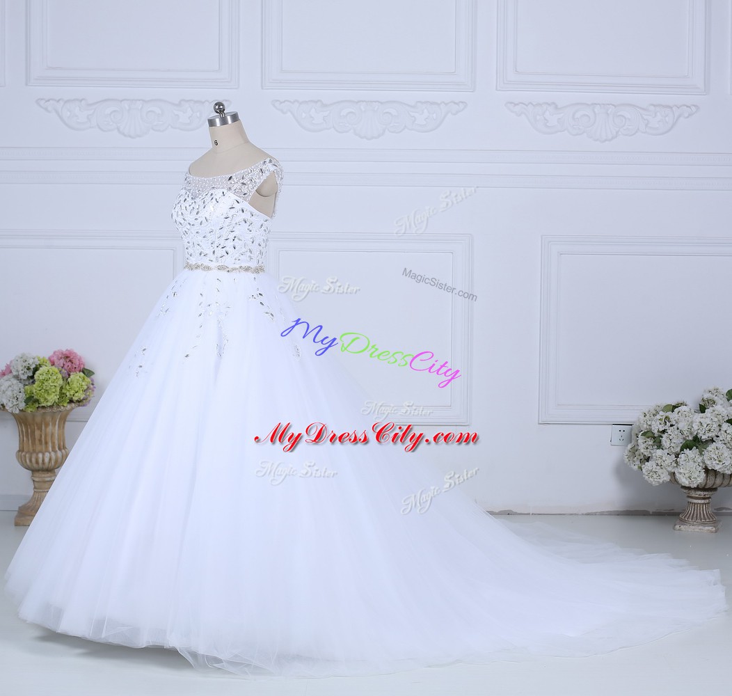 White Ball Gowns Beading Bridal Gown Lace Up Tulle Sleeveless