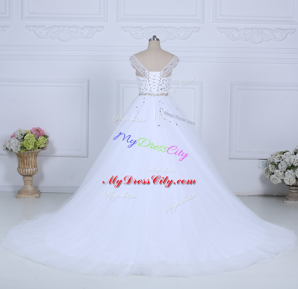 White Ball Gowns Beading Bridal Gown Lace Up Tulle Sleeveless