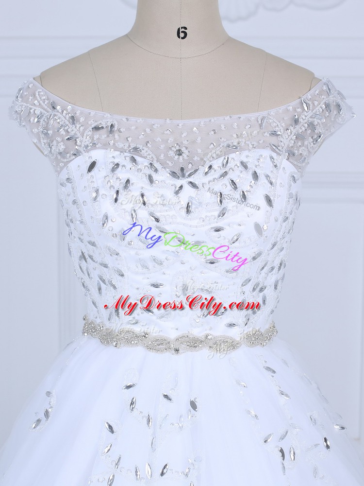 White Ball Gowns Beading Bridal Gown Lace Up Tulle Sleeveless