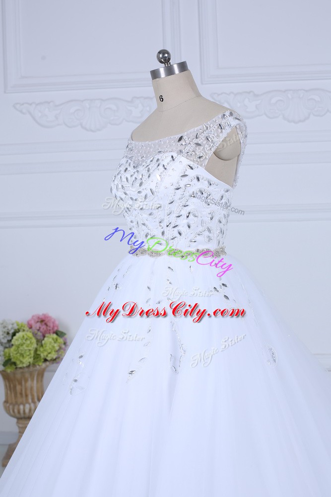 White Ball Gowns Beading Bridal Gown Lace Up Tulle Sleeveless