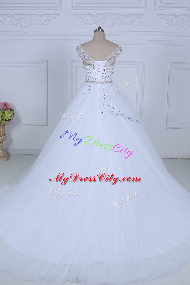 White Ball Gowns Beading Bridal Gown Lace Up Tulle Sleeveless