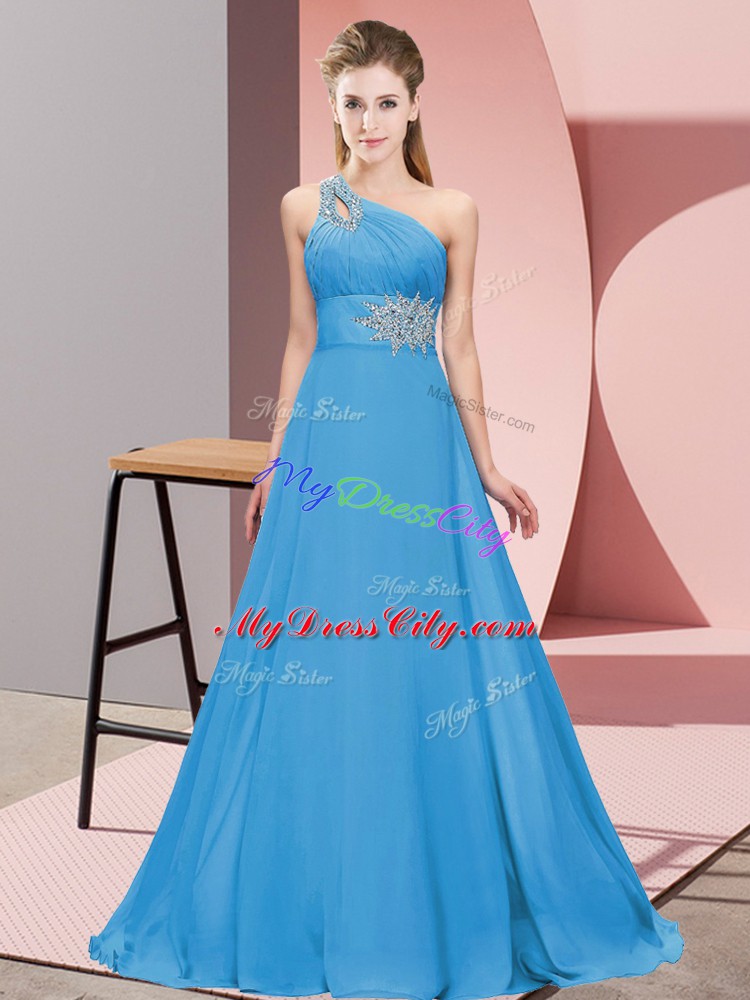 Unique Floor Length Blue Prom Evening Gown Chiffon Sleeveless Beading