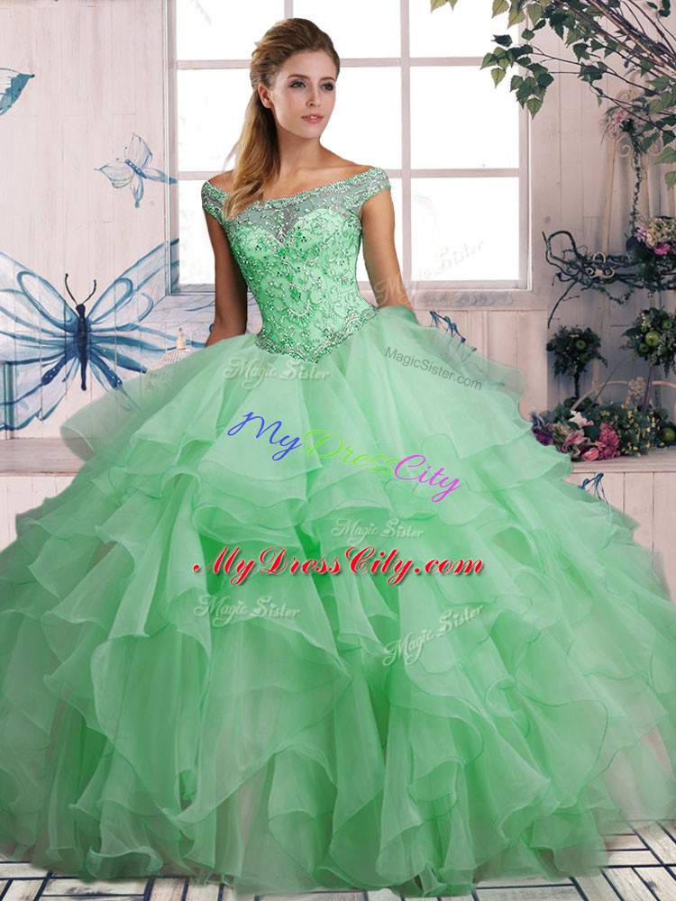 Dazzling Beading and Ruffles Quinceanera Dresses Apple Green Lace Up Sleeveless Floor Length