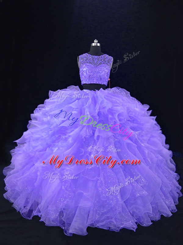 Lavender Two Pieces Scoop Sleeveless Organza Floor Length Zipper Beading and Ruffles 15th Birthday Dress