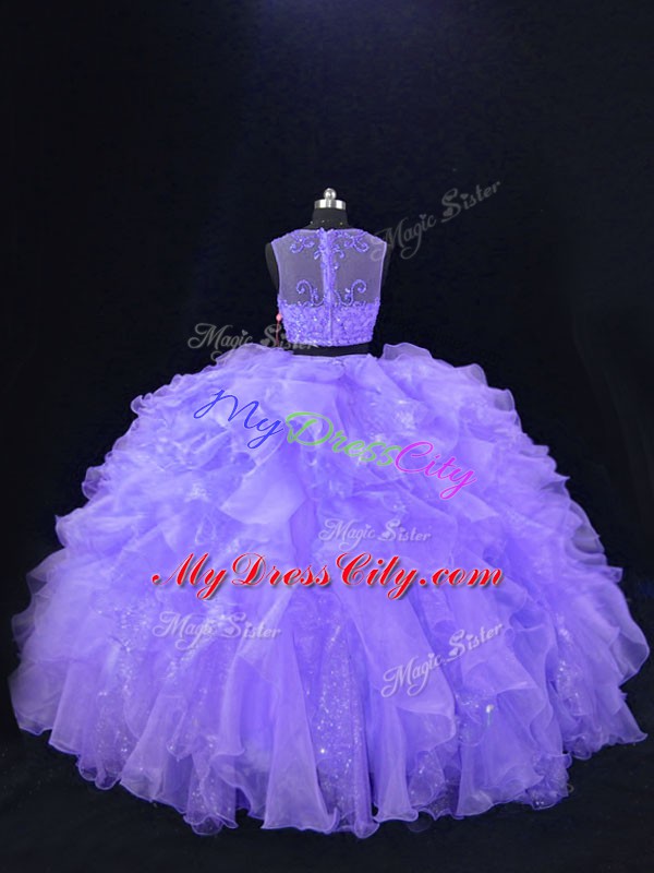 Lavender Two Pieces Scoop Sleeveless Organza Floor Length Zipper Beading and Ruffles 15th Birthday Dress