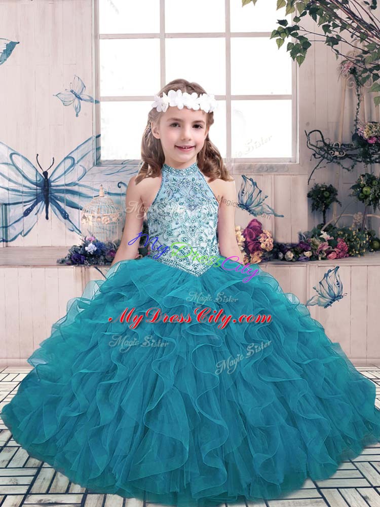 On Sale Teal Lace Up Pageant Dress for Girls Beading and Ruffles Sleeveless Floor Length