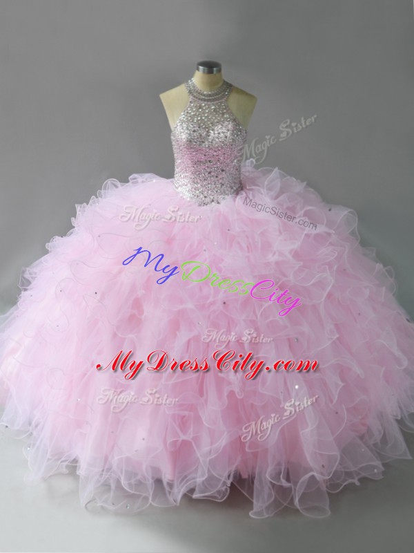 Perfect Ball Gowns 15th Birthday Dress Pink Halter Top Tulle Sleeveless Floor Length Lace Up