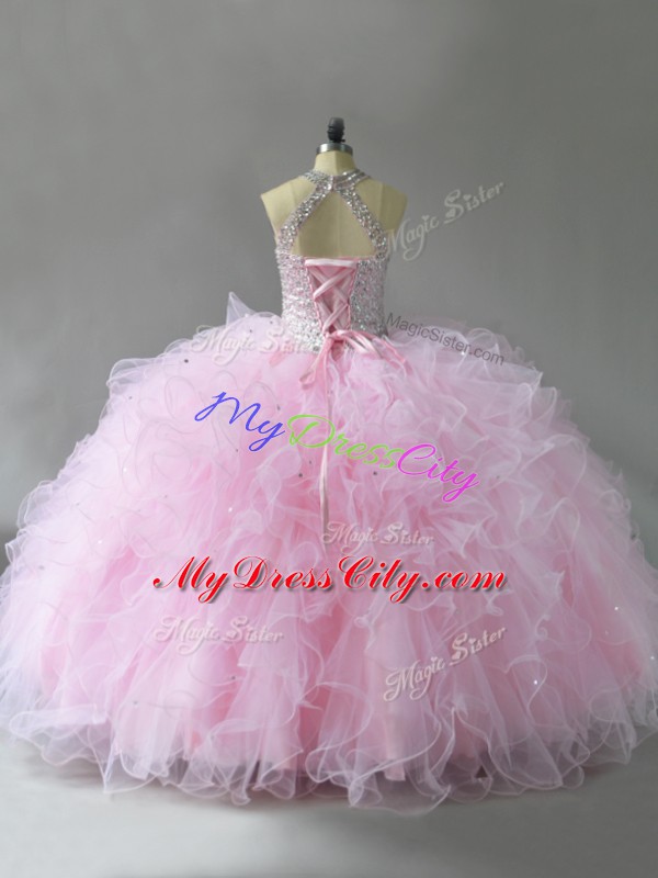 Perfect Ball Gowns 15th Birthday Dress Pink Halter Top Tulle Sleeveless Floor Length Lace Up