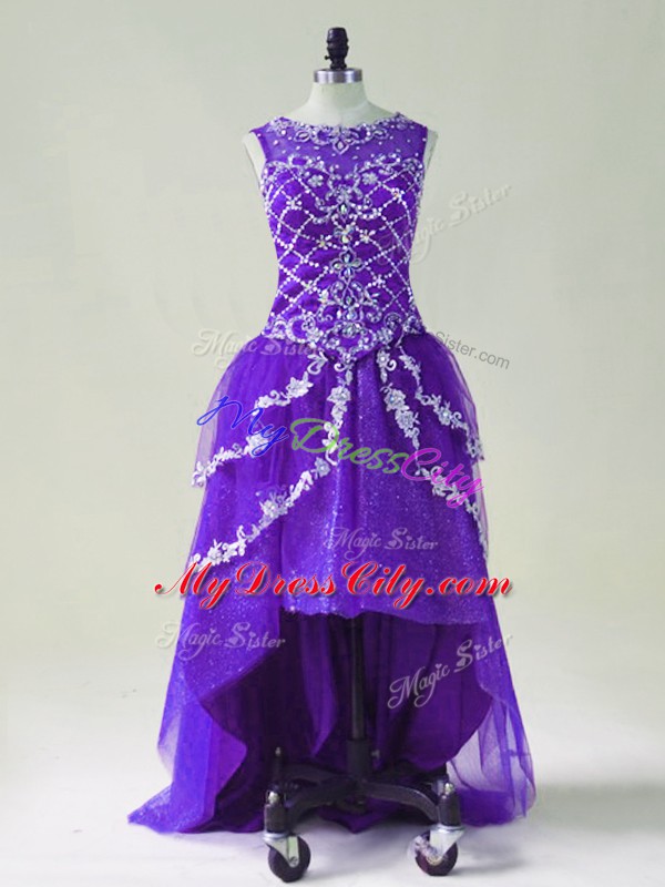 Most Popular Purple Zipper Beading and Appliques Sleeveless High Low