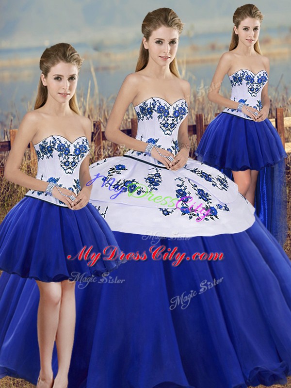 Royal Blue Tulle Lace Up Sweetheart Sleeveless Floor Length Sweet 16 Quinceanera Dress Embroidery and Bowknot