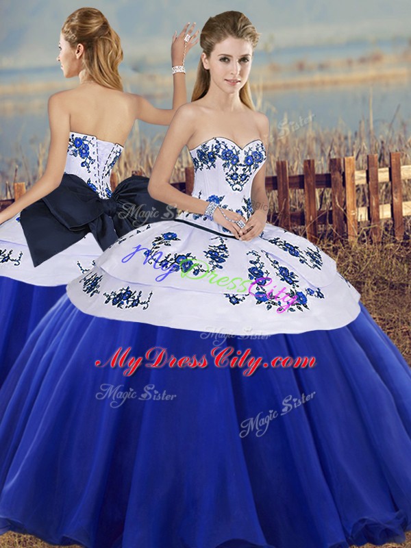 Royal Blue Tulle Lace Up Sweetheart Sleeveless Floor Length Sweet 16 Quinceanera Dress Embroidery and Bowknot