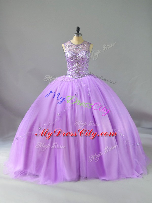 Hot Sale Scoop Sleeveless Sweet 16 Dresses Floor Length Beading Lavender Tulle