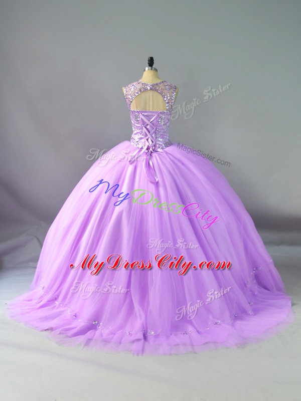 Hot Sale Scoop Sleeveless Sweet 16 Dresses Floor Length Beading Lavender Tulle