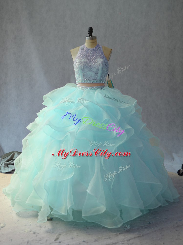 Beading and Ruffles Quince Ball Gowns Light Blue Backless Sleeveless Floor Length