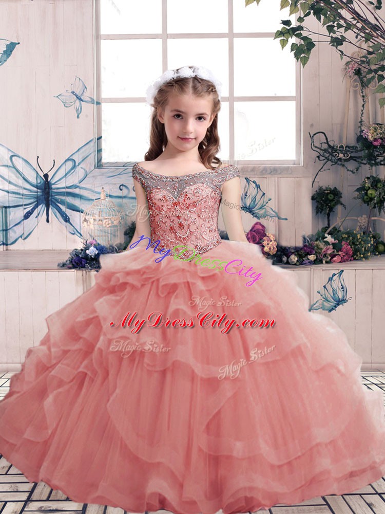 Cheap Pink Sleeveless Beading and Ruffles Floor Length Pageant Dress for Teens